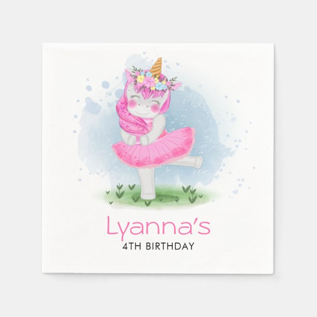 Unicorn Ballerina 4th Birthday Party Napkins (Front)
