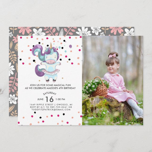 Unicorn Ballerina Birthday Party Invitation (Front/Back)