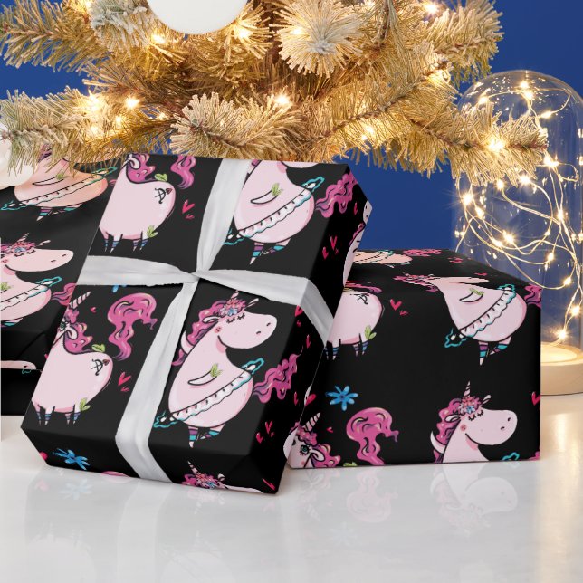 Unicorn ballerina cartoon magical girls pink black wrapping paper (Holidays)