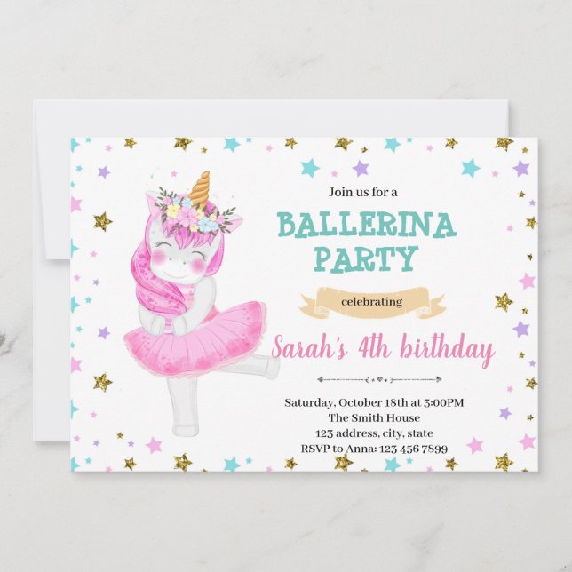 Unicorn ballerina party invitation (Front)