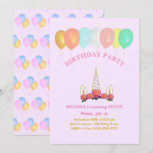 Unicorn & Balloons Birthday Invitation