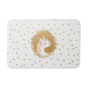 Unicorn bathroom decor, pink floral gold confetti bath mat
