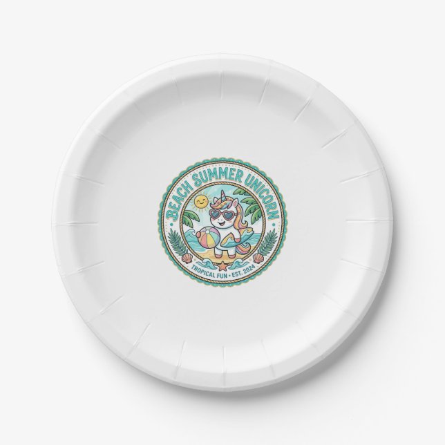 Unicorn Beach Summer Unicorn POD Ready Apparel Gra Paper Plate (Front)
