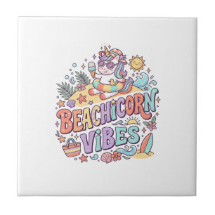 Unicorn Beachicorn Vibes Whimsical White Backgroun Ceramic Tile
