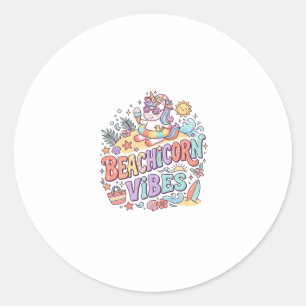 Unicorn Beachicorn Vibes Whimsical White Backgroun Classic Round Sticker