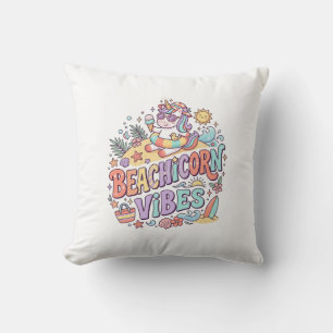 Unicorn Beachicorn Vibes Whimsical White Backgroun Cushion