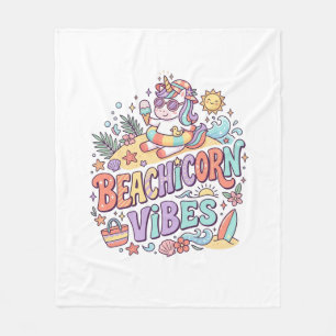Unicorn Beachicorn Vibes Whimsical White Backgroun Fleece Blanket