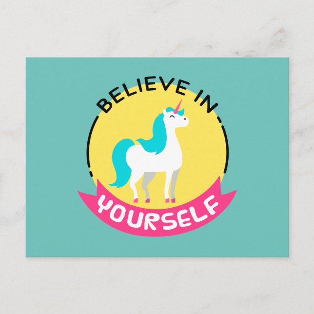 Unicorn "Believe in yourself" motivational drawing Postcard (Front)