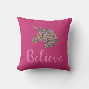 Unicorn Believe Rainbow Sprinkles Hot Pink Cushion