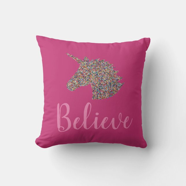 Unicorn Believe Rainbow Sprinkles Hot Pink Cushion (Front)