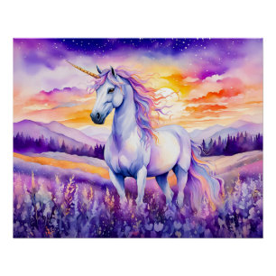 Unicorn Beneath Vibrant Sunset Rainbow Sky Poster