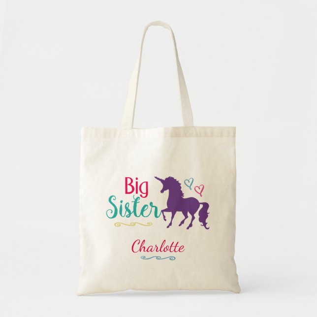 Unicorn Big Sister Colourful Sibling Personalised Tote Bag (Front)