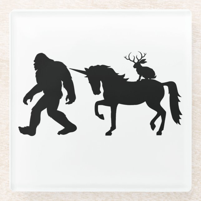 Unicorn, Bigfoot, Jackalope Glass Coaster (Front)