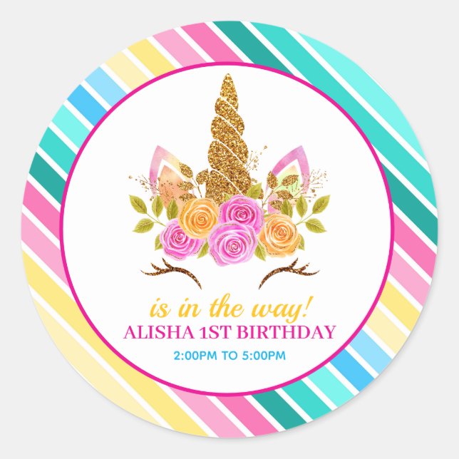 Unicorn Birthday 1st Birthday Party Classic Round Sticker (Front)