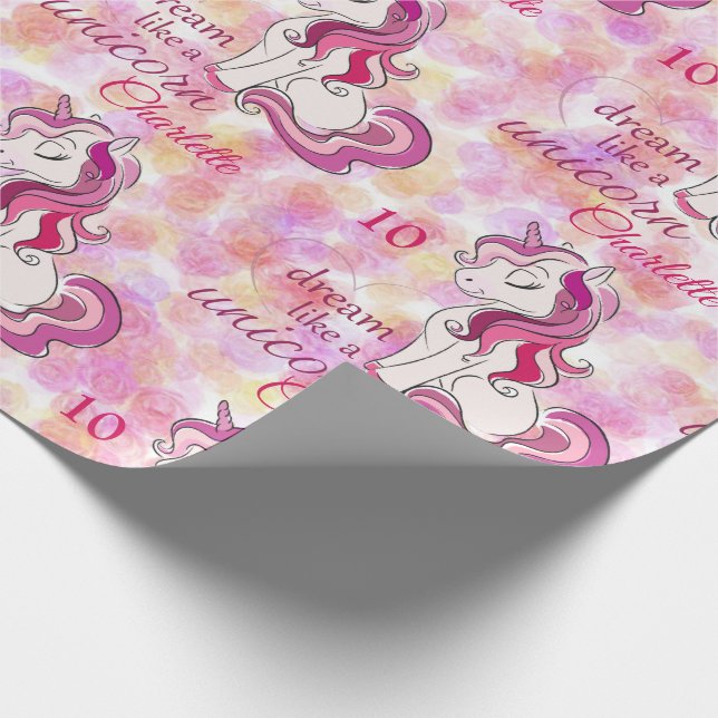 Unicorn Birthday Add Name Age Girl's Cute Wrapping Paper (Corner)
