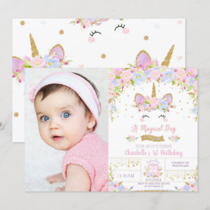 Unicorn Birthday Cute Floral Girls Photo Invitation