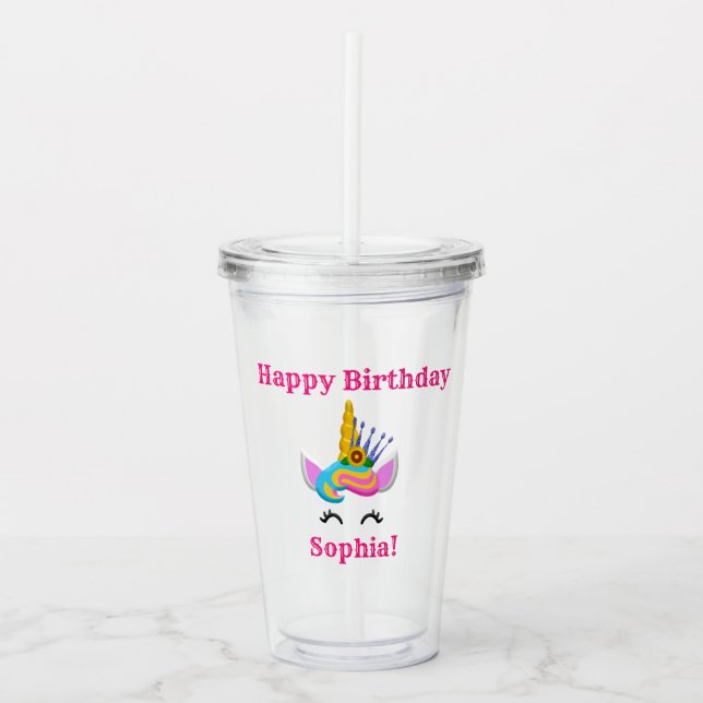 Unicorn Birthday Cute Pink Add Name Acrylic Tumbler (Front)