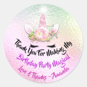 Unicorn Birthday Favour Pink Spark Gold Floral Omb Classic Round Sticker