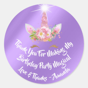 Unicorn Birthday Favour Pink Spark Gold Floral Pur Classic Round Sticker