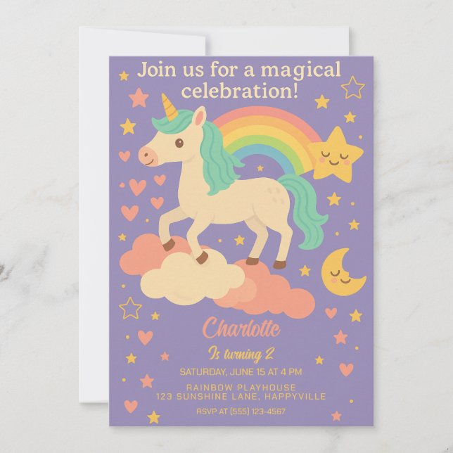 Unicorn Birthday for Girls – Magical Rainbow Party Invitation (Front)