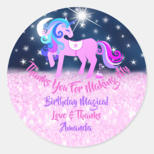 Unicorn Birthday Fuchsia Pink Thanks Stars Sparkly Classic Round Sticker