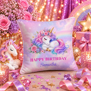 Unicorn Birthday Girl Colourful Pastel Throw Pillo Cushion