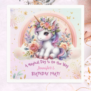 Unicorn Birthday Girl Pink Floral Rainbow Napkin