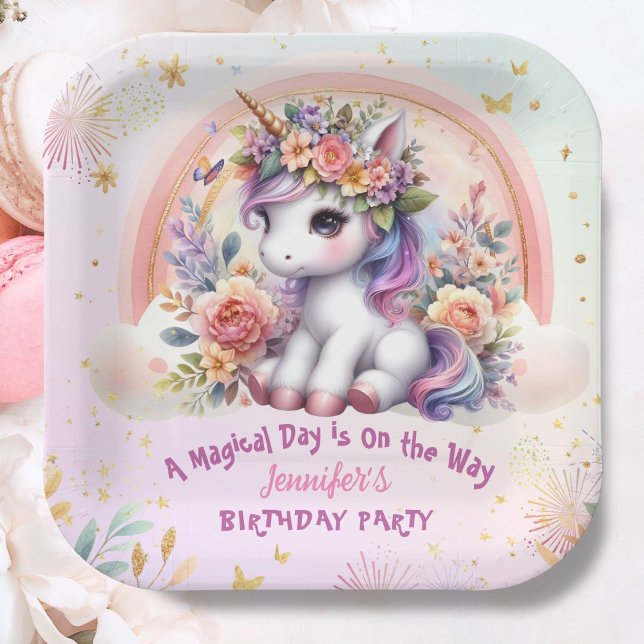 Unicorn Birthday Girl Pink Floral Rainbow Paper Plate (Creator Uploaded)