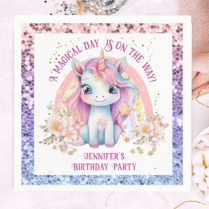 Unicorn Birthday Girl Pink Rainbow Glitter Napkin