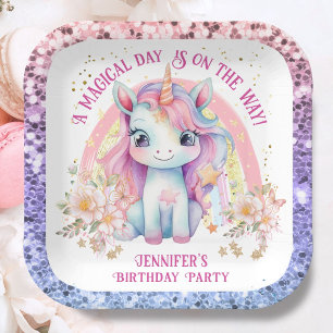 Unicorn Birthday Girl Pink Rainbow Glitter Paper Plate