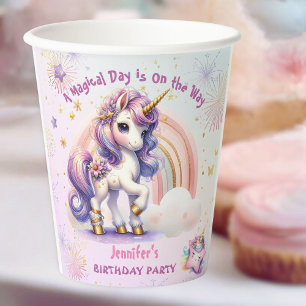 Unicorn Birthday Girl Purple Gold Rainbow Paper  Cups