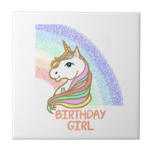 Unicorn Birthday Girl Rainbow Ceramic Tile