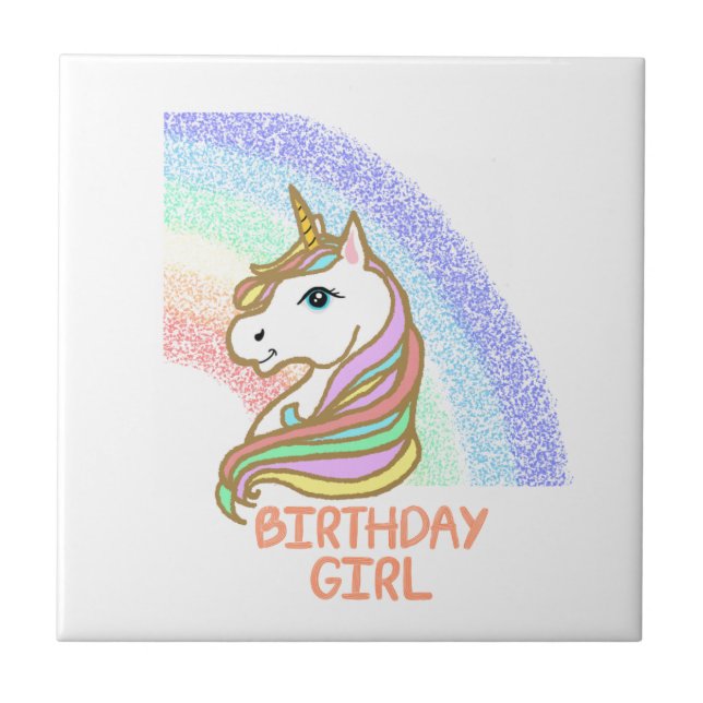 Unicorn Birthday Girl Rainbow Ceramic Tile (Front)