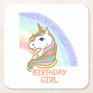Unicorn Birthday Girl Rainbow Square Paper Coaster