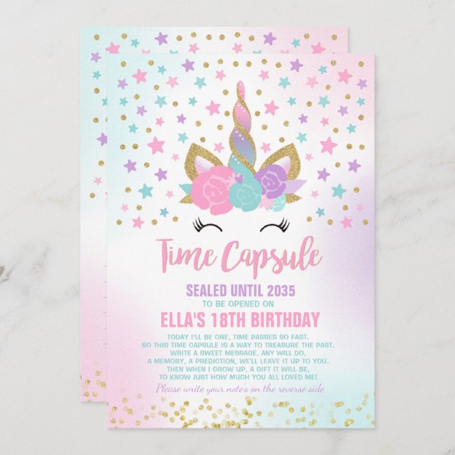 Unicorn Birthday Guestbook Time Capsule With Notes Invitation (Front/Back)