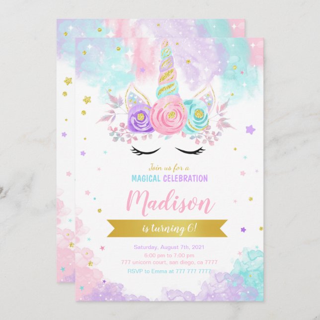 Unicorn Birthday Invitation (Front/Back)