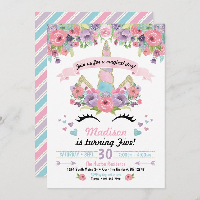 Unicorn Birthday Invitation (Front/Back)