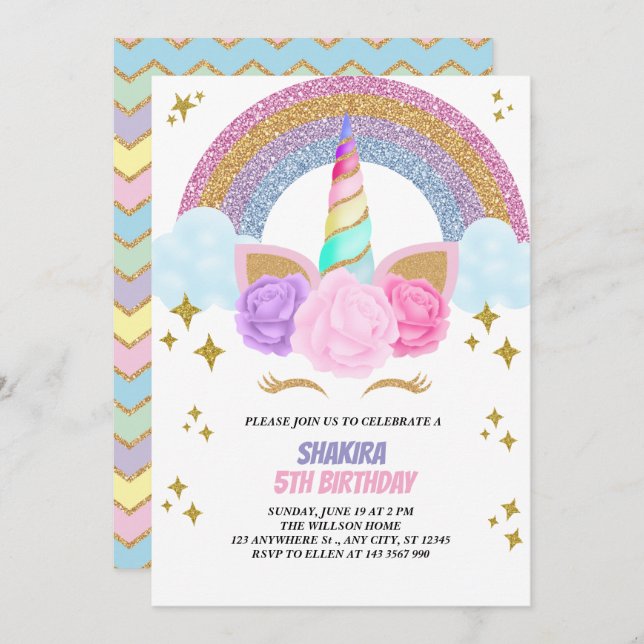 Unicorn Birthday  Invitation (Front/Back)