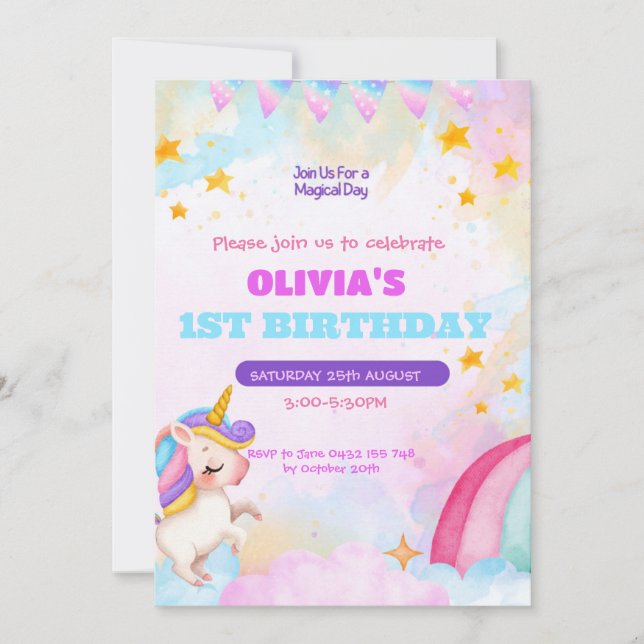 Unicorn Birthday Invitation 1st Birthday Party (Front)