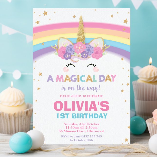 Unicorn Birthday Invitation 1st Birthday Party (cute colorful rainbow unicorn magical day 1st 2nd 3rd birthday invitation cards printed and digital)