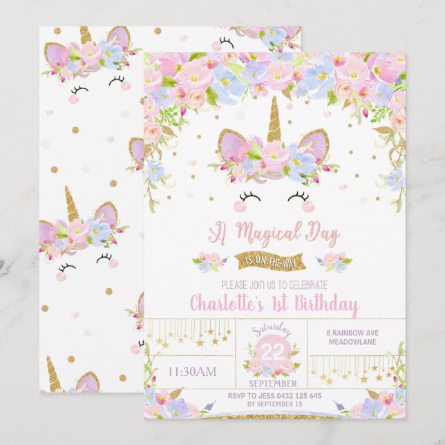 Unicorn Birthday Invitation Cute Floral Girls (Front/Back)