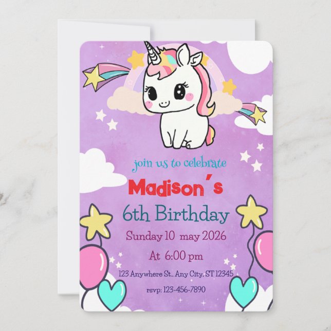 Unicorn Birthday Invitation | Editable Template (Front)