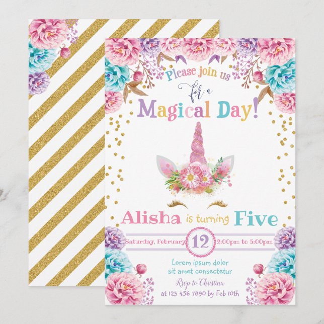 Unicorn Birthday Invitation Floral (Front/Back)