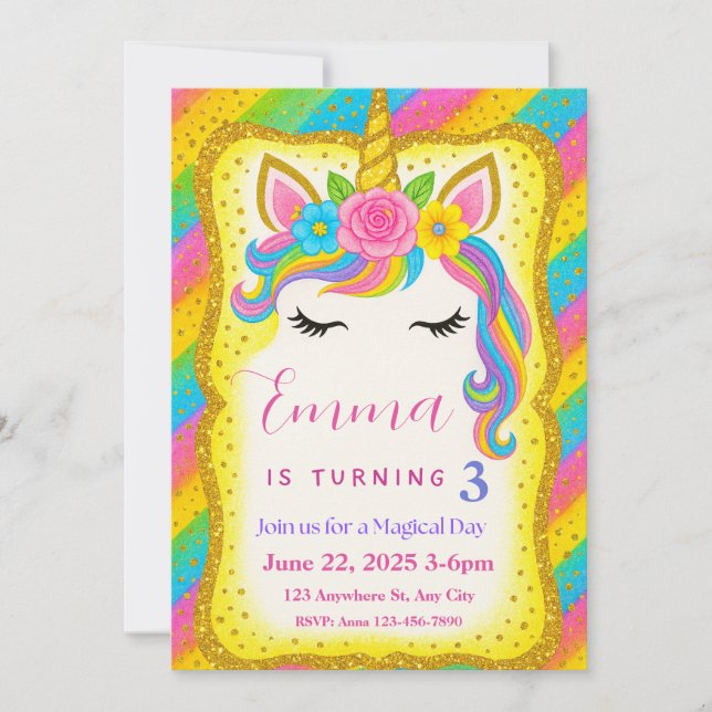 Unicorn Birthday Invitation for Girls Party (Front)