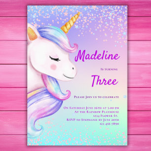 Unicorn Birthday Invitation Girls Pastel Rainbow