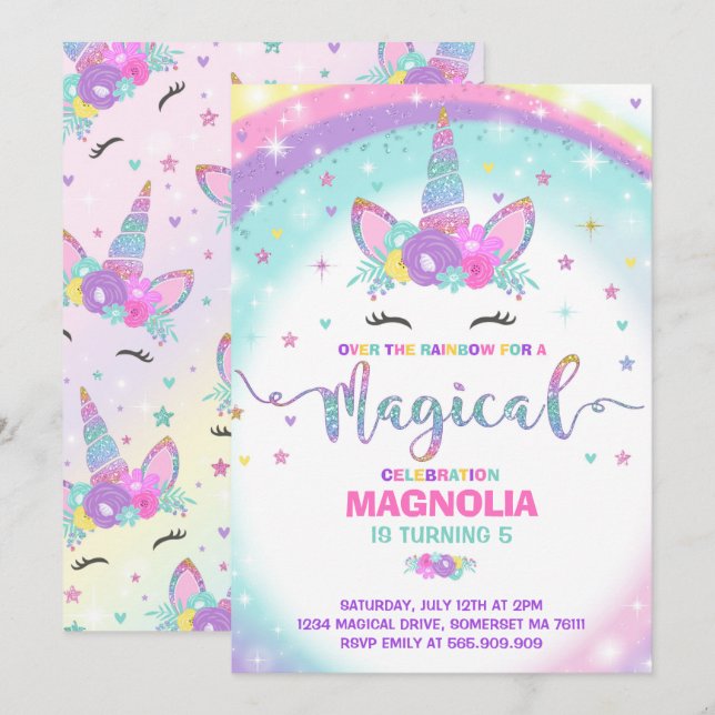 Unicorn Birthday Invitation Magical Unicorn Party (Front/Back)