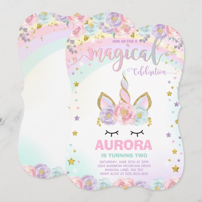 Unicorn Birthday Invitation Magical Unicorn Party (Front/Back)