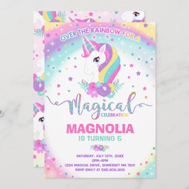 Unicorn Birthday Invitation Magical Unicorn Party (Front/Back)