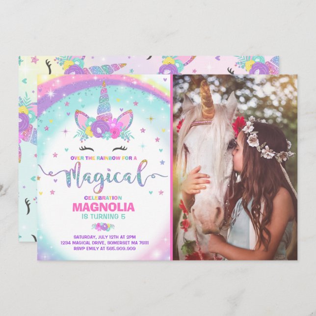 Unicorn Birthday Invitation Magical Unicorn Party (Front/Back)