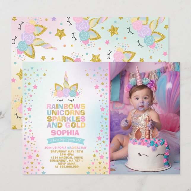 Unicorn Birthday Invitation Magical Unicorn Party (Front/Back)